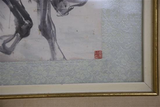Chinese School, watercolour on paper, Mongolian sitar player on horseback, 44 x 24cm and a plant study, 43 x 34cm